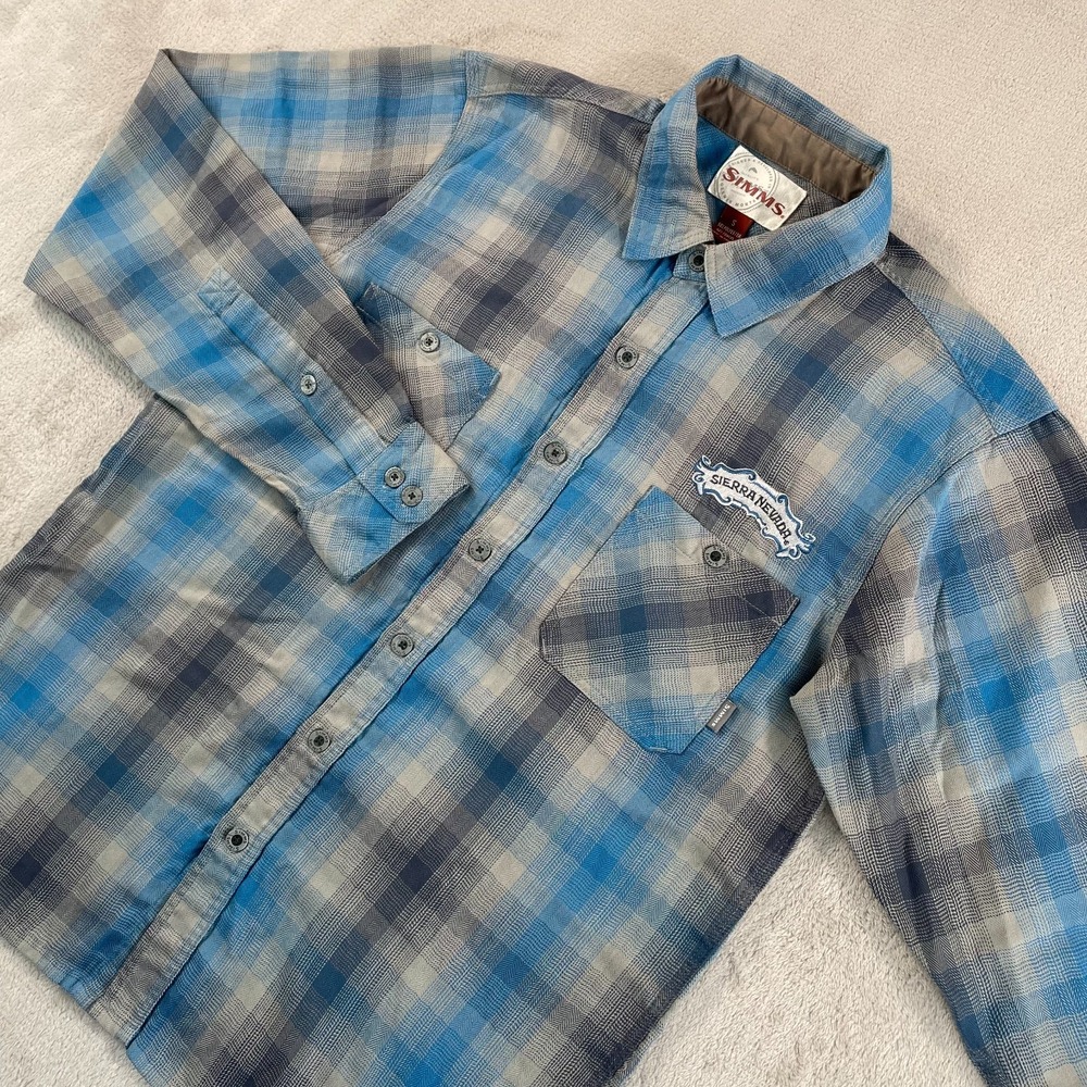 Simms Black's Ford Flannel Men Small Blue Gray Plaid Sierra Nevada Beer NWOT